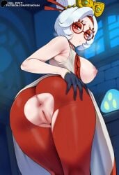 ai_generated anus ass ass_focus breasts_out closed_mouth eyewear from_behind glasses hair_ornament hairbun half-closed_eyes hands_on_own_hips large_breasts looking_back makeup nipples pantyhose primosan purah purah_(tears_of_the_kingdom) pussy pussy_juice red_eyes red_pantyhose round_eyewear short_hair the_legend_of_zelda the_legend_of_zelda:_tears_of_the_kingdom torn_pantyhose white_hair