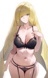 ai_generated ass_visible_through_thighs bare_arms bare_belly bare_legs bare_shoulders bare_thighs belly_button big_breasts black_bra black_panties blonde_hair bra breasts cleavage closed_mouth collarbone garter_belt garter_straps green_eyes lace-trimmed_bra lace-trimmed_panties lingerie long_hair lusamine_(pokemon) mature_female milf panties pokemon pokemon_sm setsuaiart shiny_skin smile thighs underwear