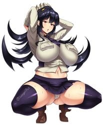 1girls arms_above_head arms_behind_head arms_up black_hair blush crouching filia_(skullgirls) fully_clothed large_breasts long_hair open_mouth panties samson_(skullgirls) skullgirls sole_gem solegemart solo squatting sweat thick_thighs thighhighs upskirt