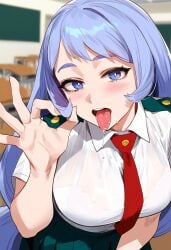 ai_generated asking_for_it big_breasts blowjob blowjob_gesture boku_no_hero_academia breasts eye_contact hadou_nejire hand_gesture horny horny_female looking_at_viewer mythology nejire_hado open_mouth saliva saliva_string saliva_trail school_uniform tongue tongue_out