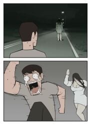 black_hair boonie_baby chasing clothed clothed_female ghost ghost_girl hair_covering_eye hair_covering_eyes long_hair meme muscle muscles muscular muscular_female night not_porn original outdoors running short_hair sweat sweatdrop sweating sweaty tall tall_female taller_female taller_girl