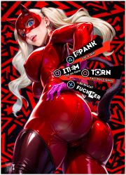 1girls ai_generated ann_takamaki ass ass_cleavage ass_focus ass_up blonde_female blonde_hair booty cat_ears cat_tail catgirl embarrassed female latex looking_at_viewer looking_back persona persona_5 persona_5_royal playstation sexy.ai sexy_pose twintails video_game video_game_character video_game_franchise video_games yametastudio