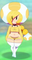 black_collar black_eyes choker cross female_toad happy_face happy_female mario_(series) mushroom_hat nintendo ponytail short_pants small_breasts somescrub super_mario_bros. thighhighs thighs toad toad_(mario) tummy uncovered_shoulders white_hat white_socks wide_hips yellow_hair yellow_panties yellow_topwear