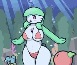 big_breasts big_thighs bubbles gardevoir okami_tomato pokemon pokemon_(species) red_bikini shellos tomato_(okami_tomato) underwater