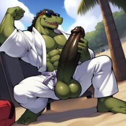 1boy 1furry 1male ai_generated alligator anthro beach big_balls big_penis black_penis brutal_paws_of_fury crocodile crocodilian erection frosting.ai furry furry_balls furry_male furry_only furry_penis gay gay_male green_body karate_croc large_penis male male_focus male_only muscle muscles muscular muscular_anthro muscular_male red_eyes reptile reptile_humanoid smiling solo solo_focus solo_male sugar1989 sunglasses sunglasses_on_head video_game video_game_character