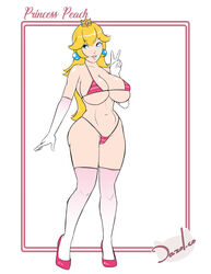 1girls bikini blonde_hair blue_eyes breasts character_name cleavage crown dazol elbow_gloves female female_only full_body gloves high_heels huge_breasts long_hair looking_at_viewer mario_(series) micro_bikini nintendo pink_bikini princess_peach revealing_clothes shoes simple_background skimpy_clothes smile solo standing stockings swimsuit thighhighs wide_hips