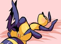 antennae anthro arthropod bee blush eyelashes fallin_lovelove_bee female insects little_witch_academia lying multi_arm multi_limb notepaddy on_back presenting presenting_pussy pussy smile solo spread_pussy spreading straight_hair wings