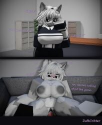 1boy 1girls 3d anthro blush cum cum_in_pussy daftcritter dafty_(daftcritter) duo english_text female_focus fox furry grey_fur large_breasts missionary missionary_position misunderstanding oc penetration pov questionable_consent roblox robloxian self_upload sex smug text vaginal_penetration white_hair