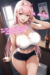 ai_generated darling_in_the_franxx dialogue large_breasts large_hair neckline pink_hair shorts white_shirt zero_two_(darling_in_the_franxx)