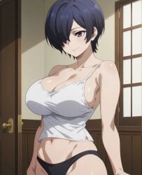 ai_generated asian asian_female athletic_female bare_legs big_breasts black_hair hair_over_one_eye huge_breasts huge_thighs kirishima_touka light-skinned_female light_skin looking_at_viewer massive_breasts panties purple_eyes short_hair smiling solo_female squatting subaruarm sweat sweatdrop tank_top thick_thighs thighs tokyo_ghoul voluptuous voluptuous_female