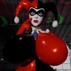 3d 3d_(artwork) cat_suit catwoman catwoman_(arkham) clown giant_breasts giantess harley_quinn harley_quinn_(classic) huge_breasts isquashyou shrink shrinking smile