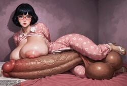 1futa ai_generated balls ballsack black_hair blush blush dickgirl futanari futornyx gigantic_penis glasses huge_balls huge_breasts huge_cock huge_cock huge_nipples indoors large_breasts large_testicles messy musk nipples pajamas sagging_balls saggy_balls shemale shiny_skin short_hair shy solo sweat sweating sweaty tagme testicles thick_thighs veiny_penis wide_hips