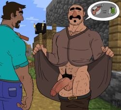 bara blue_shirt body_hair brown_hair circumcised erect_penis exhibitionism facial_hair flashing gay goatee homosexual jeans looking_at_penis male_only minecraft moustache pants_down pecs pubic_hair red_robot robe speech_bubble staring_at_penis steve_(minecraft) stubble tan_skin trade trade_offer villager_(minecraft)