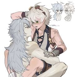 2boys armpits bana_gameg bare_armpits bennett_(genshin_impact) gay gray_hair half_naked male_only midriff navel out_of_shower razor_(genshin_impact) shaved_armpit shirtless showing_armpits silver_hair sweat sweating swetay twink wet