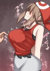 1girls absurdres bandana big_breasts breasts brown_hair embarrassed female game_freak grey_skirt heart highres large_breasts makochan42 may_(pokemon) may_(pokemon_oras) may_(pokemon_rs) nintendo pokemon pokemon_oras pokemon_rse red_bandana red_shirt shirt skirt translated