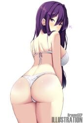 bra bruunoscp doki_doki_literature_club from_behind looking_at_viewer looking_back panties underwear yuri_(doki_doki_literature_club)