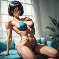 ai_generated attack_on_titan bikini black_hair couch full_body mikasa_ackerman shingeki_no_kyojin toned_female window