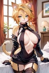 1girls ai_generated big_breasts blonde_female blonde_hair blonde_hair blonde_hair_female blush breasts cleavage cleavage_cutout female furry furry_ears furry_female furry_only furry_tail green_eyes huge_breasts huge_cleavage inner_ear_fluff inner_sideboob pulchra_(zenless_zone_zero) solo thick_thighs yellow_body yellow_fur yellow_hair zenless_zone_zero