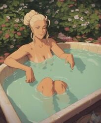 ai_generated blonde_hair dodylh flower hot_tub medium_breasts milf original_character tan_body topless