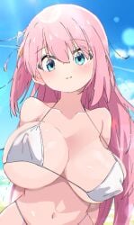 bare_shoulders bikini blue_eyes blue_sky blush bocchi_the_rock! bouncing_breasts breasts closed_mouth collarbone covered_erect_nipples cube_hair_ornament day female gotou_hitori h14_drawing hair_between_eyes hair_ornament large_breasts long_hair looking_at_viewer navel one_side_up outdoors pink_hair sky smile solo stomach swimsuit white_bikini