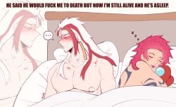 after_sex aftermath among_us among_us_reference bed bite_mark bite_marks blush bruise heartsteel_kayn heartsteel_series heartsteel_yone hot_pink_hair kayn league_of_legends long_hair male_on_male male_only minor_wound muscular muscular_male pink_hair plushie shitpost sleeping smug_face suggestive suggestive_dialogue tattoo termi two_tone_hair yaoi yellow_eyes yone