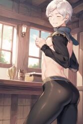 1boy ai_generated ass back_to_viewer closed_eyes fire_emblem fire_emblem_awakening henry_(fire_emblem) leggings looking_back male_only posing shirtless shirtless_male short_hair smile solo_male white_hair