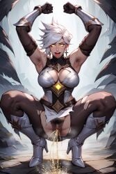 1girls ai_generated amrpit_hair armpits ass child_bearing_hips dat_ass female female_focus female_only golden_eyes hairy_armpits hairy_pussy hands_up kayle league_of_legends peeing pissing pubic_hair riot_games ripped_clothing solo solo_female solo_focus squat squatting thick thick_ass thick_legs thick_thighs torn_clothes torn_clothing torn_legwear torn_pantyhose watersports white_hair