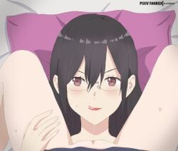 2.5_jigen_no_ririsa 2girls after_cunnilingus bed black_hair brown_eyes censored eri_(2.5_jigen_no_ririsa) female_pov glasses hanyuu_mayuri highres kurigamikun licking_lips lipstick long_hair makeup mosaic_censoring multiple_girls pillow pov pussy saliva saliva_trail solo_focus sweat tongue tongue_out yuri