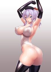 alternate_costume areolae arms_up ass big_ass big_breasts cowboy_shot curvy erect_nipples female female_only kantai_collection kashima_(kantai_collection) large_breasts leotard looking_at_viewer nipples rindou_(radical_dream) see-through skin_tight solo thick_thighs thighhighs thong_leotard translucent twintails voluptuous white_leotard wide_hips