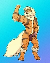 1boy abs anthro arcanine black_nose canine furry male male_only mammal muscular nintendo penis pokemon pokemon_(species) rudethefox solo tongue tongue_out video_games yellow_eyes