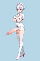 1boy ai_generated arms_crossed blush blush blushing_at_viewer boots femboy gloves hair_bun high_heel_boots huge_cock hung_trap latex_gloves nurse nurse_clothing nurse_outfit nurse_uniform red_eyes stockings thighhighs white_hair