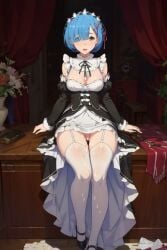 1girls ai_generated bare_shoulders big_breasts blue_eyes blue_hair breasts cum dildo dildo_in_pussy female heels legs_spread maid_dress maid_headdress maid_outfit maid_stockings open_mouth pussy pussy_exposed pussy_juice_drip re:zero_kara_hajimeru_isekai_seikatsu rem_(re:zero) semen shoes single_girl sitting solo stockings table thighhighs