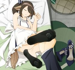 1girls ankle_socks arknights bed black_socks brown_hair feet feet_up foot_fetish fox_girl fully_clothed holding_another's_foot holding_foot long_feet pajamas perfumer_(arknights) sa_(chinese_artist) shoes_removed sleeping socks socks_only soles_of_feet_in_socks tail white_dress