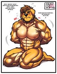 absurd_res anthro barazoku blush bondage border canid canine canis cl.rudolph english_text first_person_view garth_mentzel_monroe hi_res kneeling male male/male mammal muscular mythological_canine mythological_creature mythology paws solo superabsurd_res text were werecanid werecanine werewolf white_border wolf yellow_body