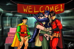 1girls 2017 3boys anal anal_sex batgirl batgirl_(stephanie_brown) batman_(series) blonde_hair dc dc_comics dick_grayson double_penetration female gloves jason_todd male masturbating masturbation mavruda red_robin robin_(dc) robin_(dick_grayson) robin_(jason_todd) robin_(tim_drake) sex stephanie_brown straight threesome tim_drake voyeur watching