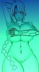 alisha alisha_ahsila arm_behind_head armpits big_breasts braided_hair completely_nude_female covering_breasts cyborg hands_behind_head large_breasts legs_crossed long_hair mechanical_arm metal_arm naked_female robotic_arm scouter thick_thighs thighs yazu_(artist) yazuel_aliel