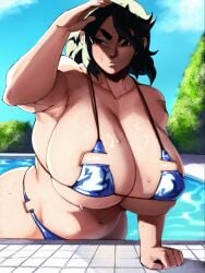 1girls alien alien/human alien_girl aspara_(swagkashi) big_tits dragon_ball dragon_ball_super dragon_ball_z female female_only florida_bikini huge_tits large_tits light-skinned_female light_skin oc original_character pool poolside saiyan saiyan_girl swagkashi sweatdrop waterdrops wet