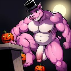 1boy 1furry 1male ai_generated animatronic animatronic_male anthro belly big_balls big_penis black_eyes domestic_pig fazbear_fanverse five_nights_at_freddy's frosting.ai furry furry_balls furry_male furry_only furry_penis gay halloween jack-o'-lantern male male_focus male_only muscle musclegut muscles muscular muscular_anthro muscular_male peter_(tnar) pig pink_body sugar1989 those_nights_at_rachel's top_hat