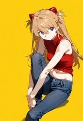 1girls ai_generated alternate_costume asuka_langley_sohryu bare_shoulders feet_out_of_frame jeans navel neon_genesis_evangelion orange_hair shoppy sitting smile