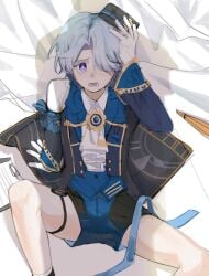 bana_gameg blue_eyes blue_hair femboy half_naked misha_(honkai:_star_rail) rape scared soft_skin soft_thighs tears twink