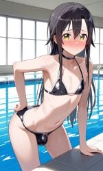 ai_generated bikini black_hair bulge cute embarrassed femboy girly hand_on_butt kirigaya_kazuto kirito kirito_(sao-ggo) long_hair male shy small_bulge small_penis swimming_pool swimsuit sword_art_online trap