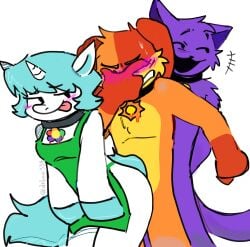 1girls 2boys anthro anthro_on_anthro anthro_only apron ass_on_crotch bisexual bisexual_male blue_fur blue_tail blush canine cat cat_ears cat_tail catnap catnap_(poppy_playtime) collar covering_face crafty_corn craftycorn critters_(poppy_playtime) cyan_fur cyan_hair cyan_tail dnlee334 dog dog_ears dogday dogday_(poppy_playtime) doggy domestic_cat domestic_dog embarrassed emblem feline furry furry_boy furry_female furry_girl furry_male furry_only green_apron horny_female horny_male horse horse_girl imminent_anal imminent_penetration imminent_sex laughing licking_lips male/male mythological_creature mythology necklace no_humans orange_fur orange_skin pendant poppy_playtime poppy_playtime_(chapter_3) pressing pressing_against purple_fur purple_skin purple_tail pushing_together sandwiched sex smiling_critters sticking_out_tongue straight sweat sweating sweaty tagme teasing two_tone_fur unicorn unicorn_horn wanting_sex watermark white_body white_fur white_skin