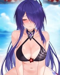 absurdres acheron_(honkai:_star_rail) alternate_costume bare_shoulders bikini bikini_top_only black_bikini black_choker blue_sky blurry blurry_background blush bottomless breasts choker cleavage closed_eyes closed_mouth collarbone commentary day earrings facing_viewer female hair_ornament hair_over_one_eye highres honkai:_star_rail honkai_(series) implied_sex jewelry large_breasts leg_tattoo long_hair navel out-of-frame_censoring outdoors purple_hair shrimp_cake sky solo stomach straight-on swimsuit symbol-only_commentary tattoo very_long_hair