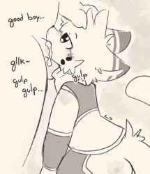 absurd_res anthro arm_warmers armwear ass balls bedroom_eyes blush bodily_fluids bottomwear clothing crop_top crotchless_bottomwear crotchless_clothing crotchless_pants cum cum_in_mouth cum_inside cum_on_penis dialogue domestic_cat drinking drinking_cum duo felid feline felis fellatio femboy fur fur_markings genital_fluids genitals good_boy half-closed_eyes hand_on_another's_head hand_on_head hi_res looking_at_another looking_pleasured looking_up looking_up_at_another male male/male mammal markings multicolored_body multicolored_fur narrowed_eyes neckwear nude nude_anthro nude_male oral pants penetration penile penis penis_in_mouth seductive sex shirt striped_ears sucking swallowing tail text topwear zaaru zaku_(zaaru)