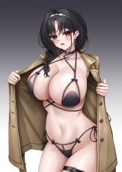 absurdres azur_lane bikini black_bikini black_hair blush braid breasts brown_coat coat collarbone earrings female gradient_background highres jewelry large_breasts looking_at_viewer medium_hair navel official_alternate_costume open_clothes open_coat open_mouth red_eyes side-tie_bikini_bottom simple_background solo stomach swimsuit thigh_strap ting_an_(azur_lane) ting_an_(undercover_or_uncovered?!)_(azur_lane) ueyama_0clock