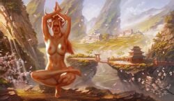 1girls arms_up backlighting blindfold calm large_breasts nude outdoors petals pointy_ears scenery solo squatting tixnen