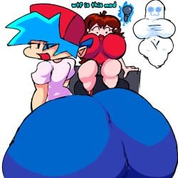 1boy 2girls ass ass_expansion big_ass big_butt blue_hair boyfriend_(friday_night_funkin) breast_expansion butt butt_expansion fat_ass fat_butt female femboy femboyfriend friday_night_funkin friday_night_funkin_mod fully_clothed ghost girlfriend_(friday_night_funkin) hat huge_ass huge_butt hyper_ass hyper_breasts looking_back male male_focus red_hair talking_to_viewer text thick_ass thick_butt xxturkiaxx