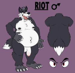 2022 4_toes 5_fingers anthro areola balls beastofeuthanasia black_areola black_body black_eyebrows black_fur black_nipples black_nose black_tail canid canine canis character_name cheek_tuft chest_tuft claws crown digital_media_(artwork) dipstick_tail english_description eyebrows facial_tuft fangs feet finger_claws fingers flaccid flat_colors fluffy fluffy_tail fur furrowed_brow furrowed_eyebrows gender_symbol genitals headgear hi_res looking_down male male_anthro mammal markings model_sheet moobs multicolored_body multicolored_fur navel nipples nude nude_anthro nude_male open_mouth open_smile overweight overweight_anthro overweight_male penis pink_tongue purple_background rear_view red_eyes riot_(synthwave-demon) simple_background smile solo standing symbol tail tail_markings teeth toe_claws toes tongue tuft two_tone_body two_tone_fur white_balls white_body white_claws white_fur white_penis white_tail_tip wolf