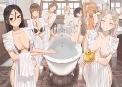 6+girls apron apron_only bathroom bathtub big_breasts breasts breasts_out brown_skin female_only light-skinned_female maid mature_female multiple_girls older_female original service throtem