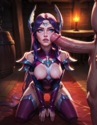 1boy1girl 1girls ai_generated breasts breasts_out cheek_poke erect_nipples imminent_fellatio imminent_oral imminent_sex irelia irelia_xan kneeling league_of_legends medium_breasts penis penis_on_face penis_poke ragen ragen_nsfw thighhighs